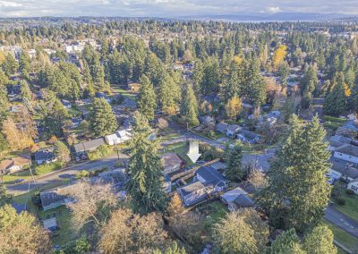 Aerial photos of new DADU construction featuring our Diana DADU floor plan located at 2518 NE 140th St., Unit C Seattle, WA 98125